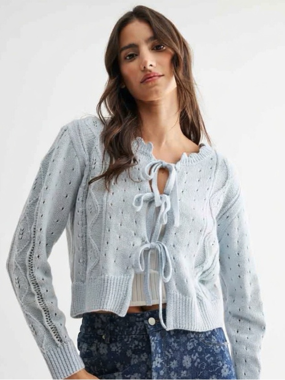 Listicle Pale Blue Eyelet Tie-Front Cardigan